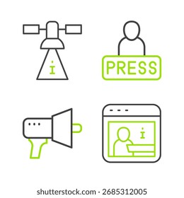 Set line Information, Megaphon, Journalistennachrichten und Satelliten-Icon. Vektorgrafik