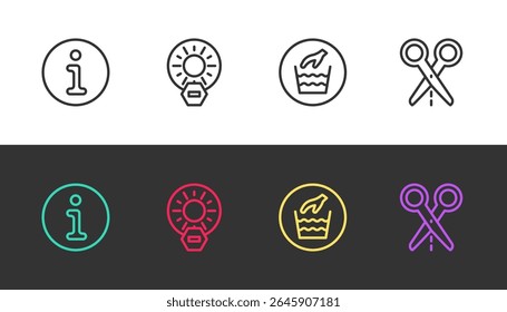 Set line Information, No direct sunlight, Hand wash laundry and Scissors with cut line on black and white. Vector
