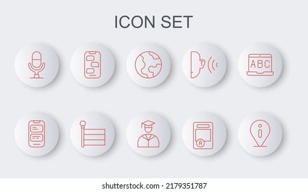 Set line Information, Online translator, Earth globe, Exam sheet with A plus grade, Microphone voice device, New chat messages notification, Flag and Graduate and graduation cap icon. Vector