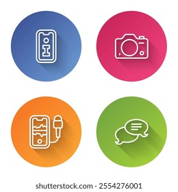 Set line Information, Photo camera, Mobile recording and Speech bubble chat. Color circle button. Vector