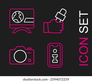 Set line Information, Photo camera, Journalist news and Breaking icon. Vector