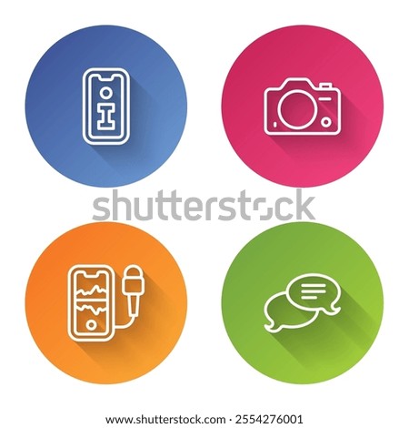 Set line Information, Photo camera, Mobile recording and Speech bubble chat. Color circle button. Vector