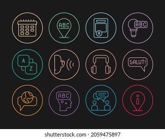 Set Line Information, Salut In Different Languages, Exam Sheet With A Plus Grade, Ear Listen Sound Signal, Vocabulary, School Timetable, Headphones And Alphabet Icon. Vector