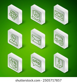 Información de la línea, chat de burbuja de voz, tecnología global, correo y correo electrónico, ubicación del centro de llamadas, teléfono 24 horas de Asistencia, auriculares y auriculares con ícono de Configuraciones. Vector