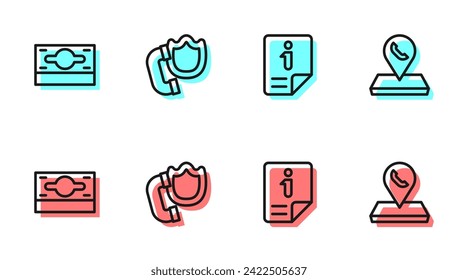 Set line Information, Stacks paper money cash, Telephone handset with shield and Call center location icon. Vector