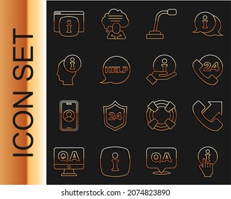 Set line Information, Telephone 24 hours support, Microphone, Speech bubble with text Help, Monitor FAQ information and  icon. Vector