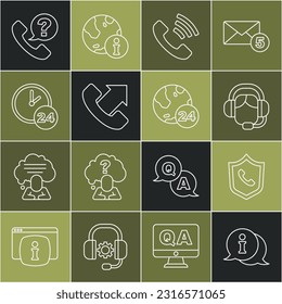 Set line Information, Telephone 24 hours support, Woman with headset, Clock,  and  icon. Vector