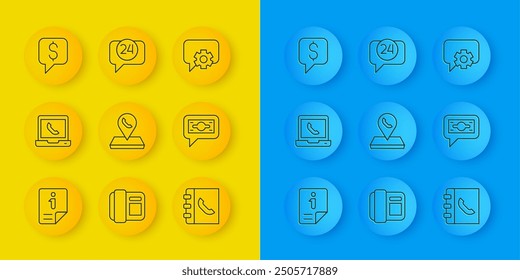 Set line Information, Telephone 24 hours support, Call center location, Phone book, Stacks paper money cash, Paid,  and  icon. Vector