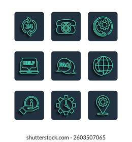 Set line Information, Time Management, Location with gear, Telephone 24 hours support, Speech bubble FAQ, Laptop and help,  and  icon. Vector