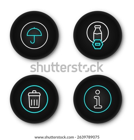 Set line Information, Trash can, Lactose free and Delivery package with umbrella icon. Vector
