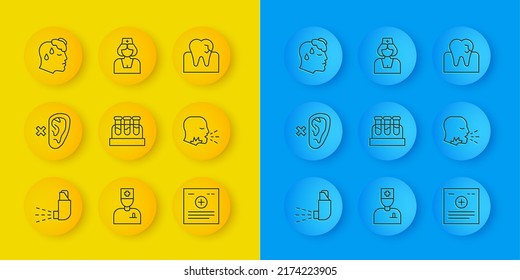 Fijar la línea Inhaler, Sordo, Tubo de prueba con sangre, Registro clínico, tos en el hombre, Temperatura corporal alta, Caries dentales y Icono de Enfermera. Vector