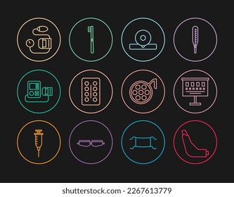 Set-Line-Inhalator, Augentestabelle, Otolaryngologischer Kopfreflektor, Pillen in Blisterpackung, Blutdruck, Operationsleuchte und Zahnbürstensymbol. Vektorgrafik