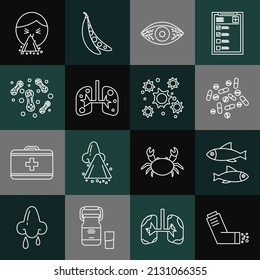 Set line Inhaler, Fish, Medicine pill or tablet, Reddish eye allergic conjunctivitis, Lungs, Bacteria, Handkerchief to his runny nose and icon. Vector