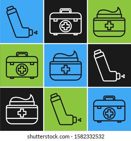 Set line Inhaler, Ointment cream tube medicine and First aid kit icon. Vector