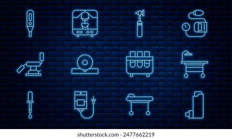 Set line Inhaler, Operating table, Medical otoscope tool, Otolaryngological head reflector, dental chair, digital thermometer, Test tube and flask and X-ray machine icon. Vector