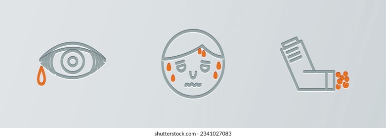 Set line Inhaler, Reddish eye allergic conjunctivitis and Man with excessive sweating icon. Vector