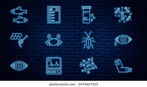 Inhalador de línea fija, conjuntivitis alérgica de ojo rojizo, botella de medicina y píldoras, cangrejo, panal de abeja con cuchara de miel, pescado, cucaracha e icono de registro clínico. Vector