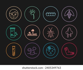 Fijar la línea Inhaler, Runny nose, Chicken egg in box, Mold, Medicine botella and pills, Face with psoriasis or eczema, Cockroach and Flower production pollen icon. Vector