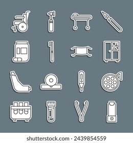 Set line Inhaler, Surgery lamp, Medicine cabinet, Stretcher, Toothbrush, bottle and pills, Wheelchair for disabled person and Medical protective mask icon. Vector