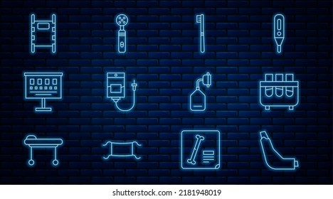 Set Line Inhaler, Test Tube And Flask, Toothbrush, IV Bag, Eye Test Chart, Stretcher, Medical Oxygen Mask And Electric Toothbrush Icon. Vector