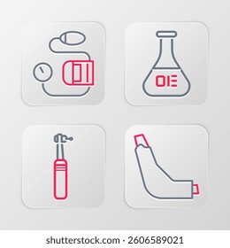 Set line Inhaler, Tooth drill, Test tube and flask and Blood pressure icon. Vector