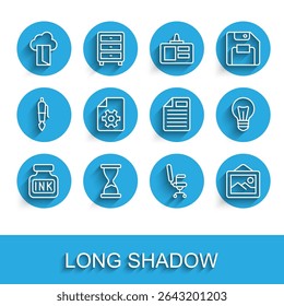 Set line Inkwell, Old hourglass, Cloud database, Office chair, Picture landscape, Document settings, Light bulb and File document icon. Vector