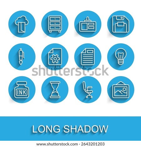Set line Inkwell, Old hourglass, Cloud database, Office chair, Picture landscape, Document settings, Light bulb and File document icon. Vector