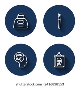 Set line Inkwell, Paint brush, spray and Picture with long shadow. Blue circle button. Vector