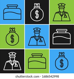 Set line Inkwell, Police officer and Money bag icon. Vector