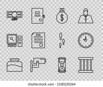Set line Inkwell, Prison window, Money bag, Security camera, Stacks paper money cash, The arrest warrant, Old hourglass with sand and Clock icon. Vector