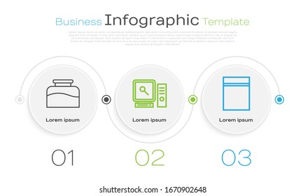 Set line Inkwell, Search on computer screen and Plastic bag with ziplock. Business infographic template. Vector