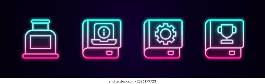 Establece la línea Inkwell, Manual del usuario y Libro. Icono de neón brillante. Vector