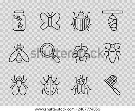 Set line Insect fly, Butterfly net, Colorado beetle, Mite, Fireflies bugs in jar, Magnifying glass, Beetle and Cockroach icon. Vector