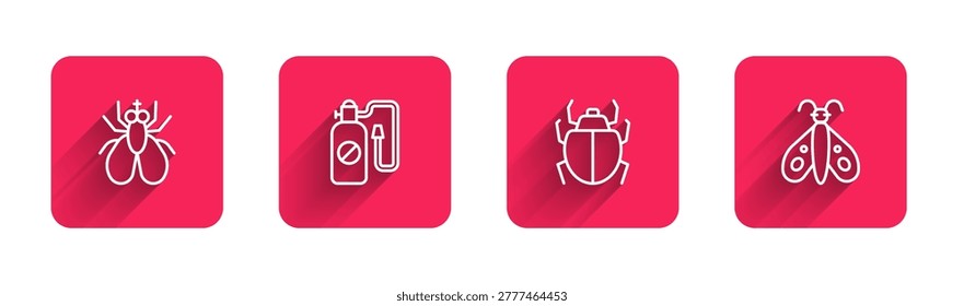 Set line Insect fly, Pressure sprayer, Mite and Butterfly with long shadow. Red square button. Vector