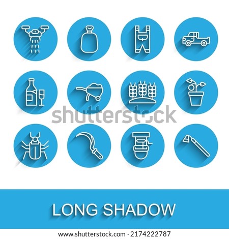 Set line Insect fly, Sickle, Smart farm with drone, Well bucket, Garden hoe, Wheelbarrow dirt, Plant in pot and Wheat icon. Vector