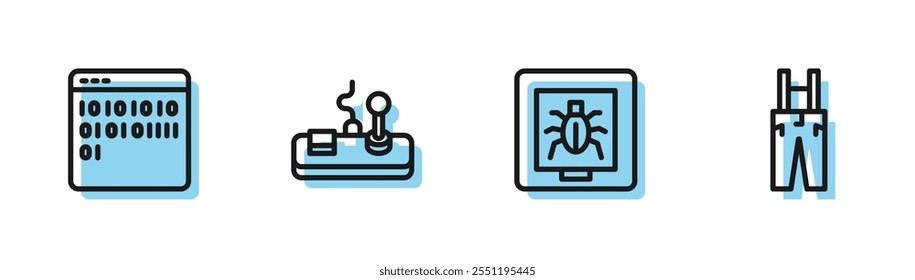 Definir linha Insetos em um quadro, código binário, Gamepad e Calças com suspensórios ícone. Vetor