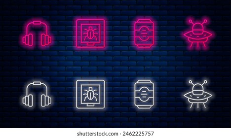 Set line Insects in a frame, Energy drink, Headphones and UFO flying spaceship. Glowing neon icon on brick wall. Vector