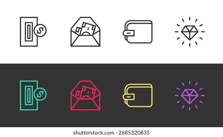 Definir linha Inserindo moeda, Envelope com símbolo de dólar, Carteira e Diamante em preto e branco. Vetor