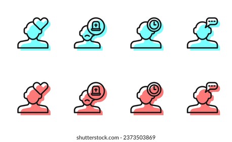 Set line Insomnia, Broken heart or divorce, Male doctor and Online psychological counseling icon. Vector