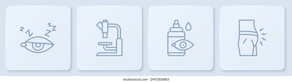 Set line Insomnia, Eye drop bottle, Microscope and Abdominal bloating. White square button. Vector