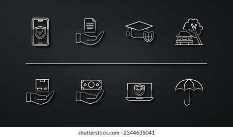 Set line Insurance online, Delivery insurance, Car damaged by fallen tree, Money with shield, Contract hand, Umbrella and Graduation cap icon. Vector