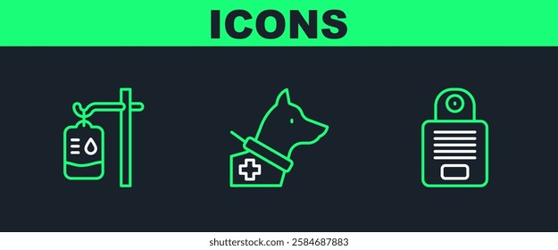 Set line Intercom, IV bag and Guide dog icon. Vector
