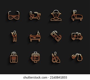 Set line Intercom, Smart watch, Blind glasses, Woman wheelchair, Hearing aid, Patient with broken leg, Emergency car and Eyeglasses icon. Vector