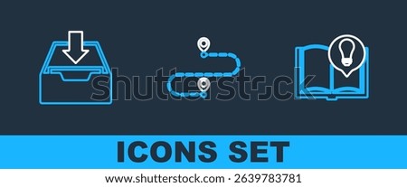 Set line Interesting facts, Download inbox and Route location icon. Vector