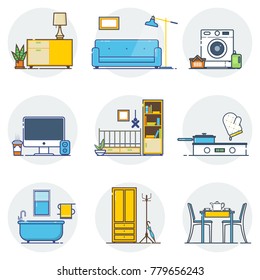 Set of line interior design icons line sign and symbols in flat vectordesign