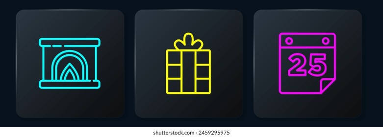Set line Interior fireplace, Calendar and Gift box. Black square button. Vector