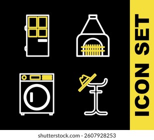 Set line Interior fireplace, Coat stand, Washer and Closed door icon. Vector
