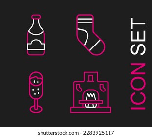 Set line Interior fireplace, Glass of champagne, Christmas stocking and Champagne bottle icon. Vector