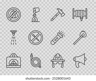 Set line Interior fireplace, Megaphone, Firefighter axe, hose reel, No, match, helmet and Burning with icon. Vector