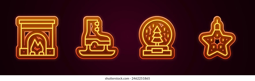 Set line Interior fireplace, Skates, Christmas snow globe and star. Glowing neon icon. Vector